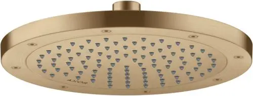 Runde Kopfbrause in gebürstetem Bronze von AXOR, ausgestattet mit mehreren Düsen für einen gleichmäßigen Wasserfluss.